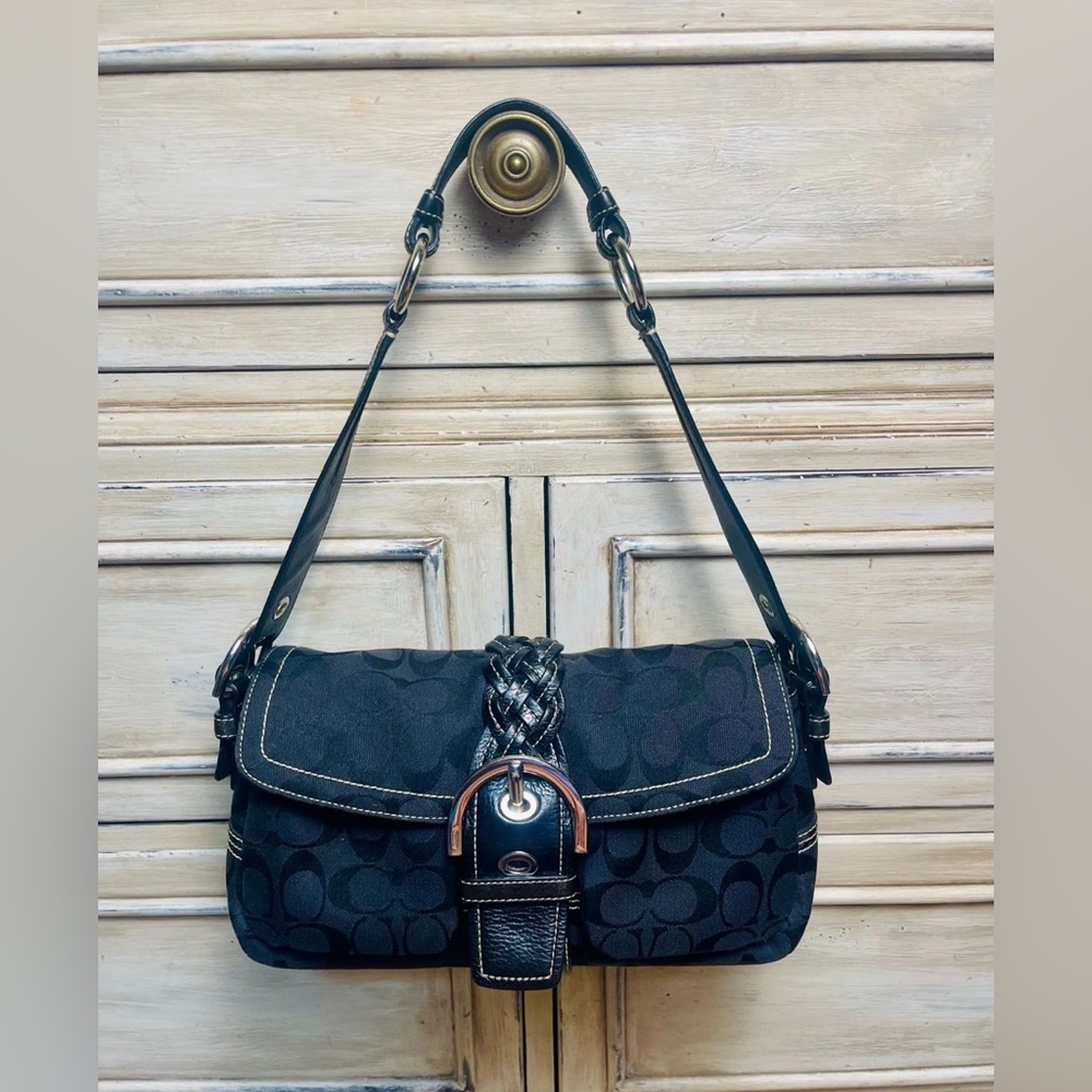 Coach  Y2K SoHo Black Braided Buckle Flap Signature Double Pocket Sufflette Hobo
